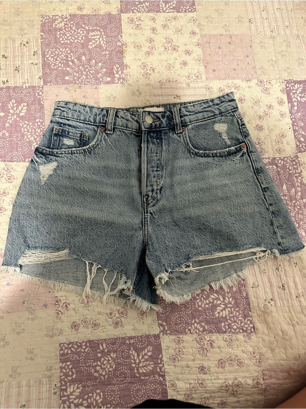 H&M Light Blue Distressed High-Rise Denim Shorts
